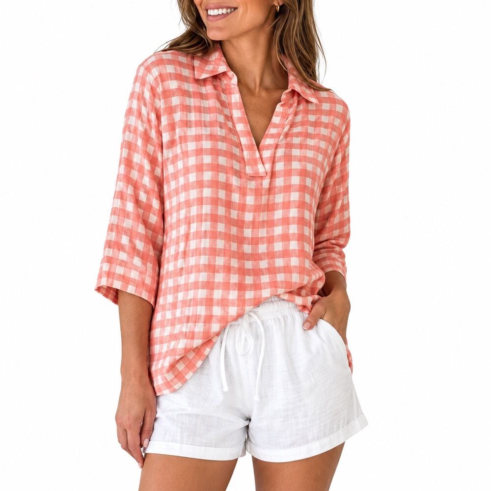 Soft Surroundings Coral Gingham Check Rayon Tunic Blouse Women’s S